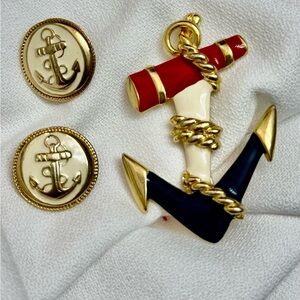 Nautical Anchor Pin and pierced post earrings set - Red, White & Blue